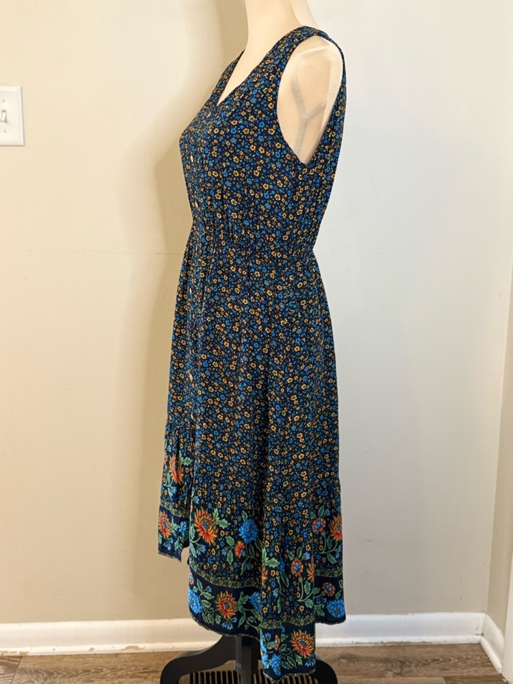 Temofon ditsy multi floral pattern sleeveless midi dress SZ M - Picture 3 of 13